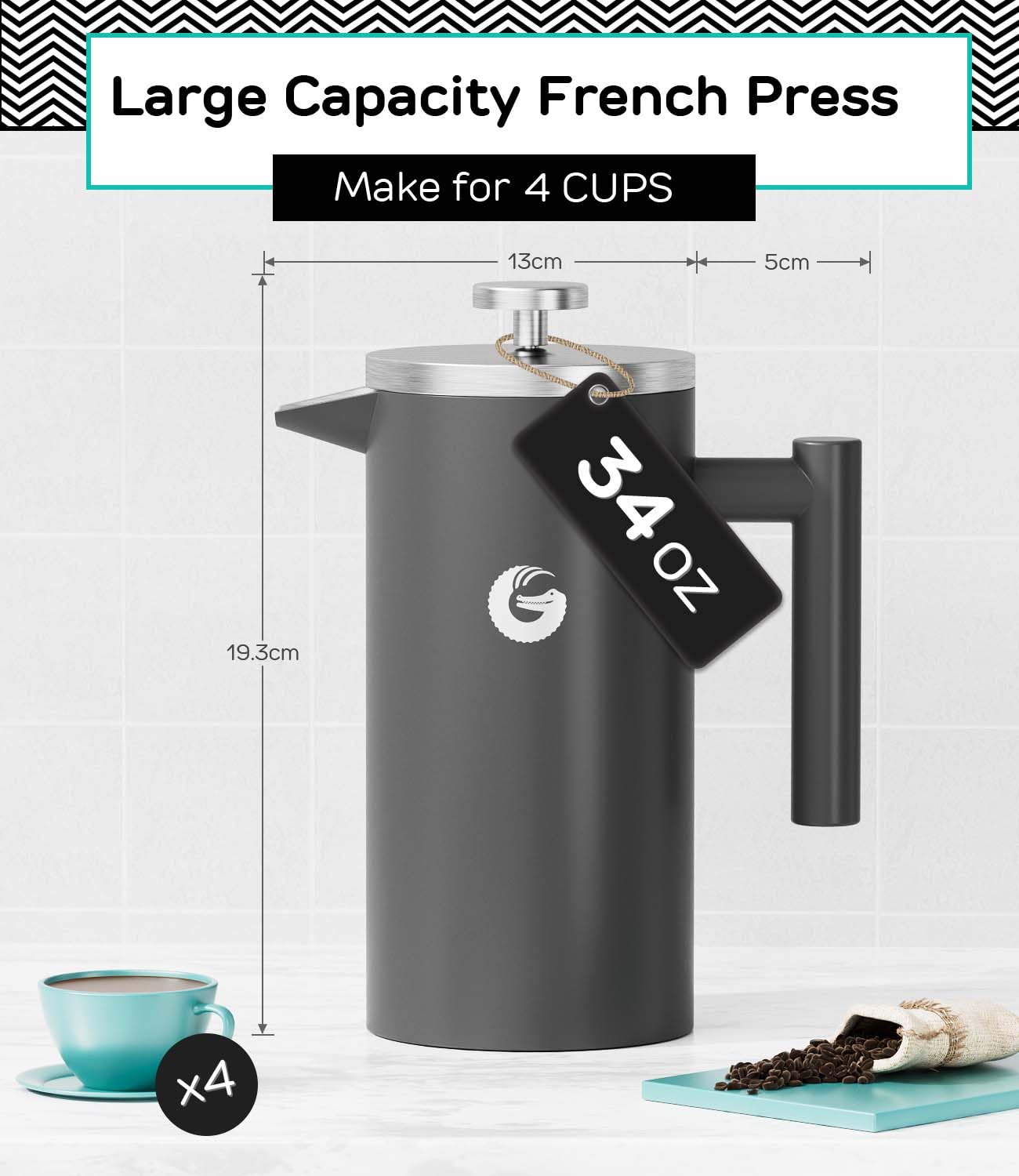 Coffee Gator 304 Grade Stainless Steel French Press Coffee Maker 34 oz, Double Wall Insulated Hot Cold Brew Teapot with 4-Level Filtration System, Include Travel Jar Canister, Kitchen, Gray