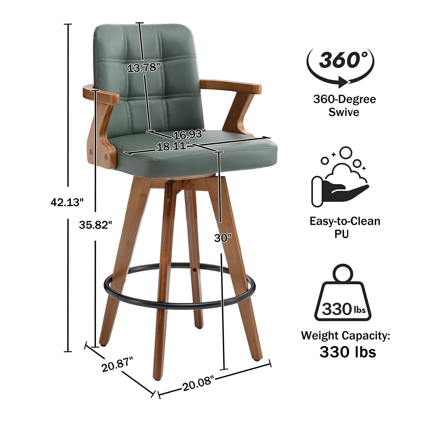 MEKLIBA 30” Bar Height Bar Stools,Leather Upholstered Bar Chair, Swivel Bar Stools with Back and Arms，Modern Barstool Set of 2 for Kitchen Island (Green)