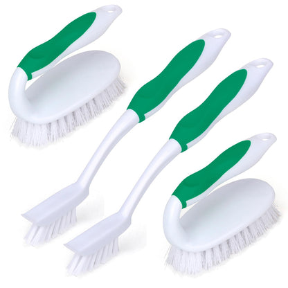 HileSwan Scrub Brush Set, 4 Pack Deep Cleaning Brush Kit - 2 Scrub Brush, 2 Tile & Grout Brush with Built-in Scraper, Household Commercial Scrubber for Floor, Shower, Pool Wall, Tub (Green)