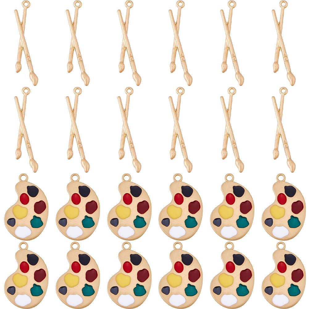 DICOSMETIC 24Pcs 2 Styles Artist Paint Charms Alloy Paint Brush Palette Charms Matte Gold Enamel Art Paintbrush Charm Art Teacher Gifts for DIY Necklace Earring Jewelry Making