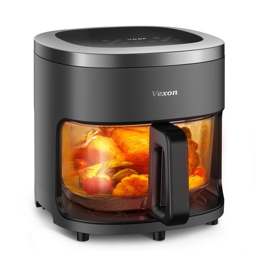 6-IN-1 Glass Air Fryer,4.5QT Air Fryer with Viewing Glass Pot, Air Fry, Dehydrate, Air Crisp Technology,Nonstick & Dishwasher Safe Basket,97% Less Oil,Features Digital Timer (Gray)