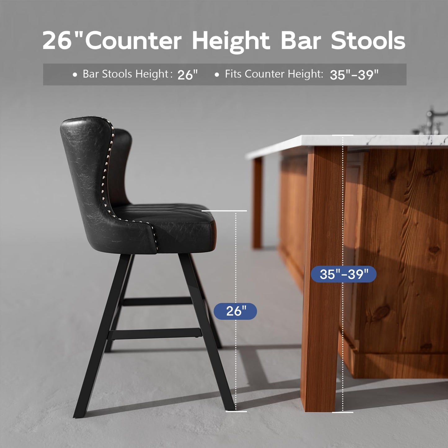 Ollega Bar Stools Set of 2, 26" Counter Height Bar Stools with Backs and Metal Frame, Leather Swivel Barstools, Counter Stools for Kitchen Island, Black