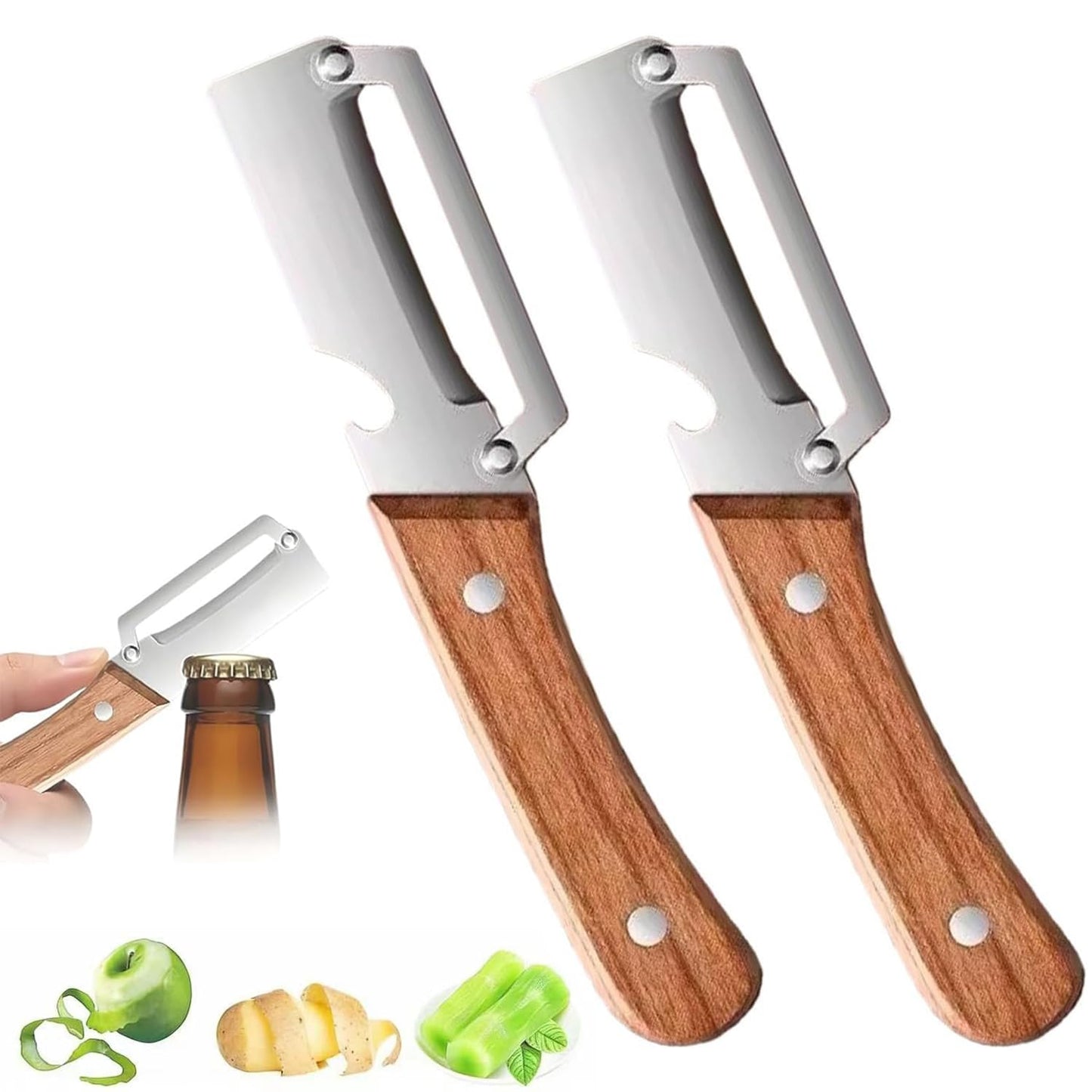 2Pcs Multifunctional Vegetable Peeler for Kitchen, 2-in-1 Stainless Steel Vegetable Peeler with Wooden Handle and Bottle Opener, Stainless Steel Blade, Non-Slip Kitchen Vegetable and Fruit Peeler