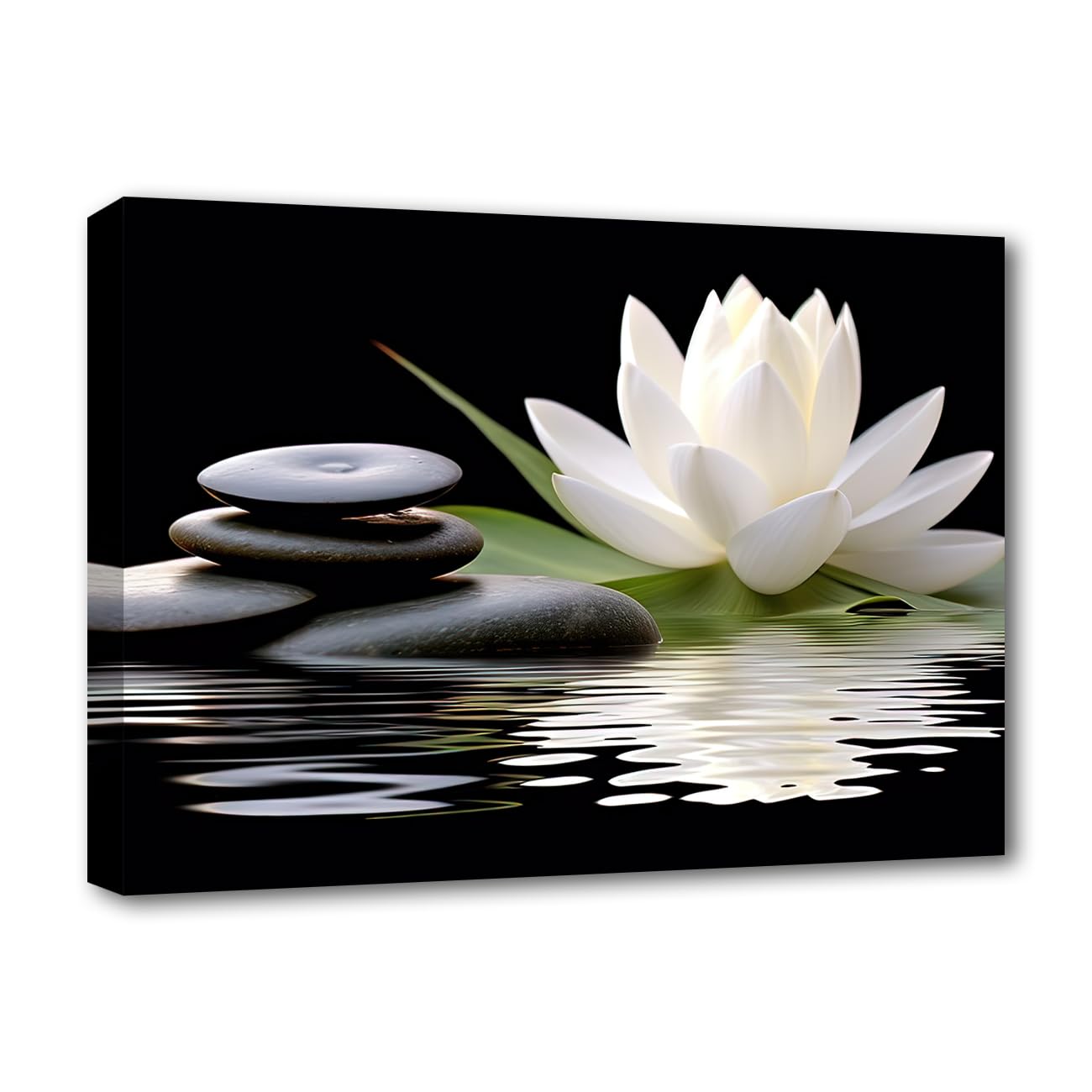 LZIMU Zen Canvas Wall Art White Lotus and Black Zen Stones Bloom in Water Picture Prints for Yoga Spa Meditation Spiritual Room Bathroom Decor (Zen-1, 12"x18")
