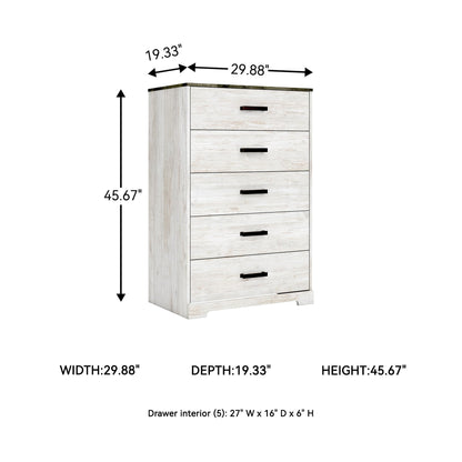 Signature Design by Ashley Shawburn Rustic 5 Drawer Chest of Smooth-Gliding Drawers and Safety Stop, White & Gray