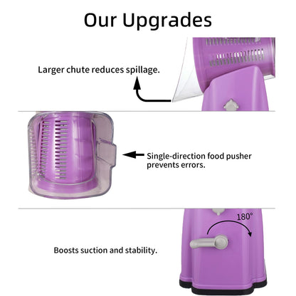 ChinKc Upgrade Rotary Cheese Grater Shredder with Handle, Strong Suction Base, Multi-purpose Rotary Grater Slicer with 5 Interchangeable Blades for Ice, Vegetables, Fruit, Nuts with Blade Storage Box
