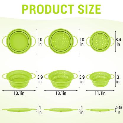 Afarnook 3 Pack Collapsible Colander with Strainer Bowl Set, 11 & 13 In BPA-Free Silicone Colanders for Kitchen, Heat-Resistant Strainer Dishwasher Safe Baskets for Vegetable Fruits (Green)