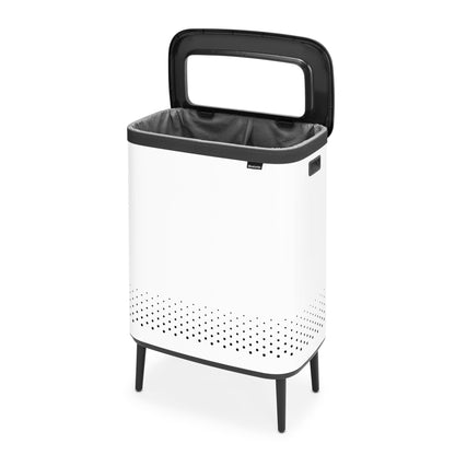 Brabantia Bo Laundry Hamper Hi (White) 2 Compartment Removable Laundry Bag 2 x 12 Gal, Ventilated Stylish Dirty Clothes Holder, Flat Back, Off-the Ground, Anti-Rust Materials for Bathroom Use