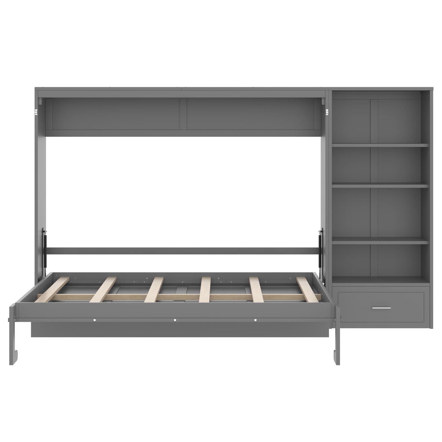 Merax Queen Murphy Bed with 3 Height Adjustable Storage Shelves & 1 Drawer, Wall Bed Frame Multifunctional Foldable Platform Bed for Small Space, Bedroom, Guest Room, Bear 500LBS (Gray)