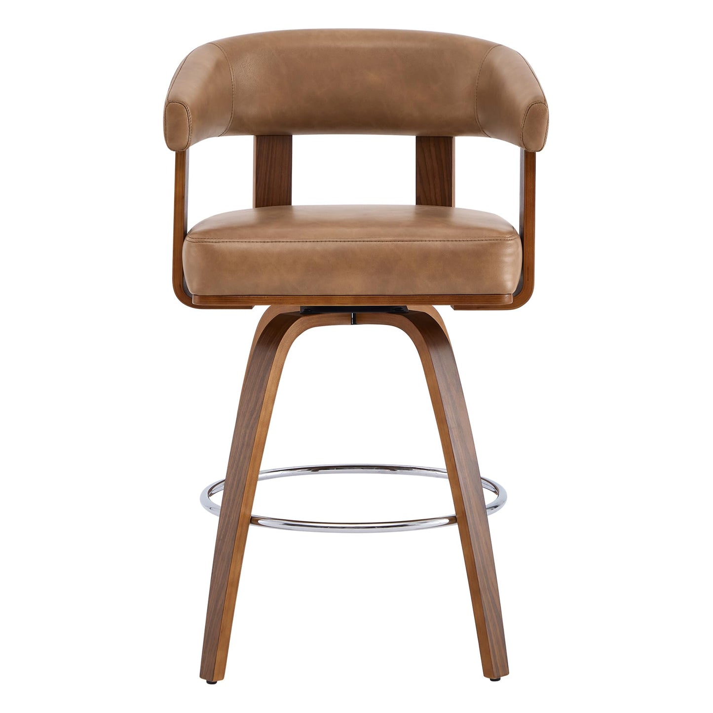 CHITA Swivel Counter Height Barstools Set of 2, FSC Certified Faux Leather Upholstered Bar Stools with Back and Armrest for Kitchen Island Home Bar, 27" Seat Height, Camel with Walnut Frame
