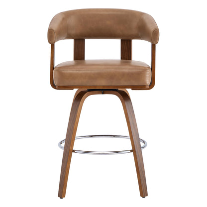 CHITA Swivel Counter Height Barstools Set of 2, FSC Certified Faux Leather Upholstered Bar Stools with Back and Armrest for Kitchen Island Home Bar, 27" Seat Height, Camel with Walnut Frame