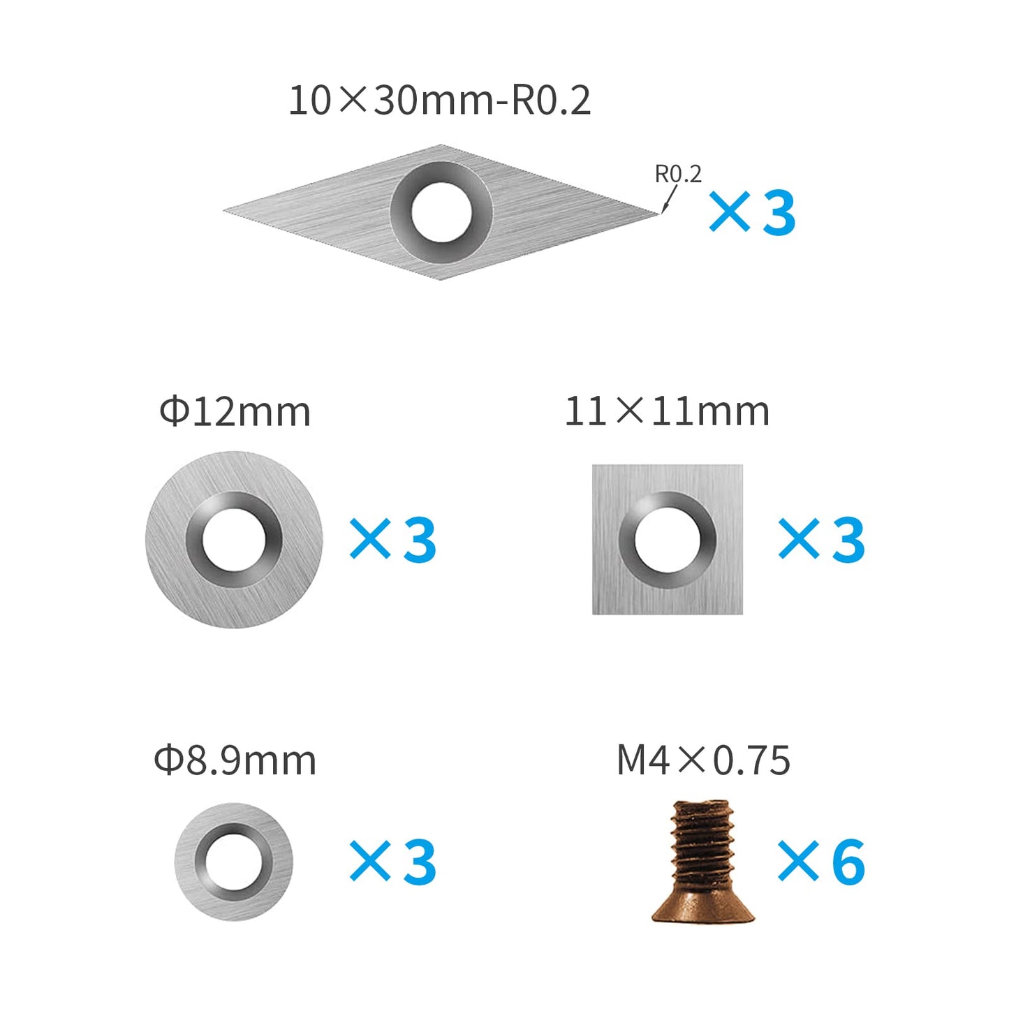 DEEFIINE 18 Pieces Tungsten Carbide Cutters Inserts Set for Wood Lathe Turning Tools Include 11 mm Square with Radius, 12 mm and 8.9 mm Round, 30 x 10 mm Diamond with Pointed Point,6 Pieces screws.