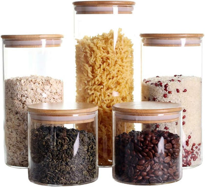 LEAVES AND TREES Y Stackable Kitchen Canisters Set, Pack of 5 Clear Glass Food Storage Jars with Bamboo Lid