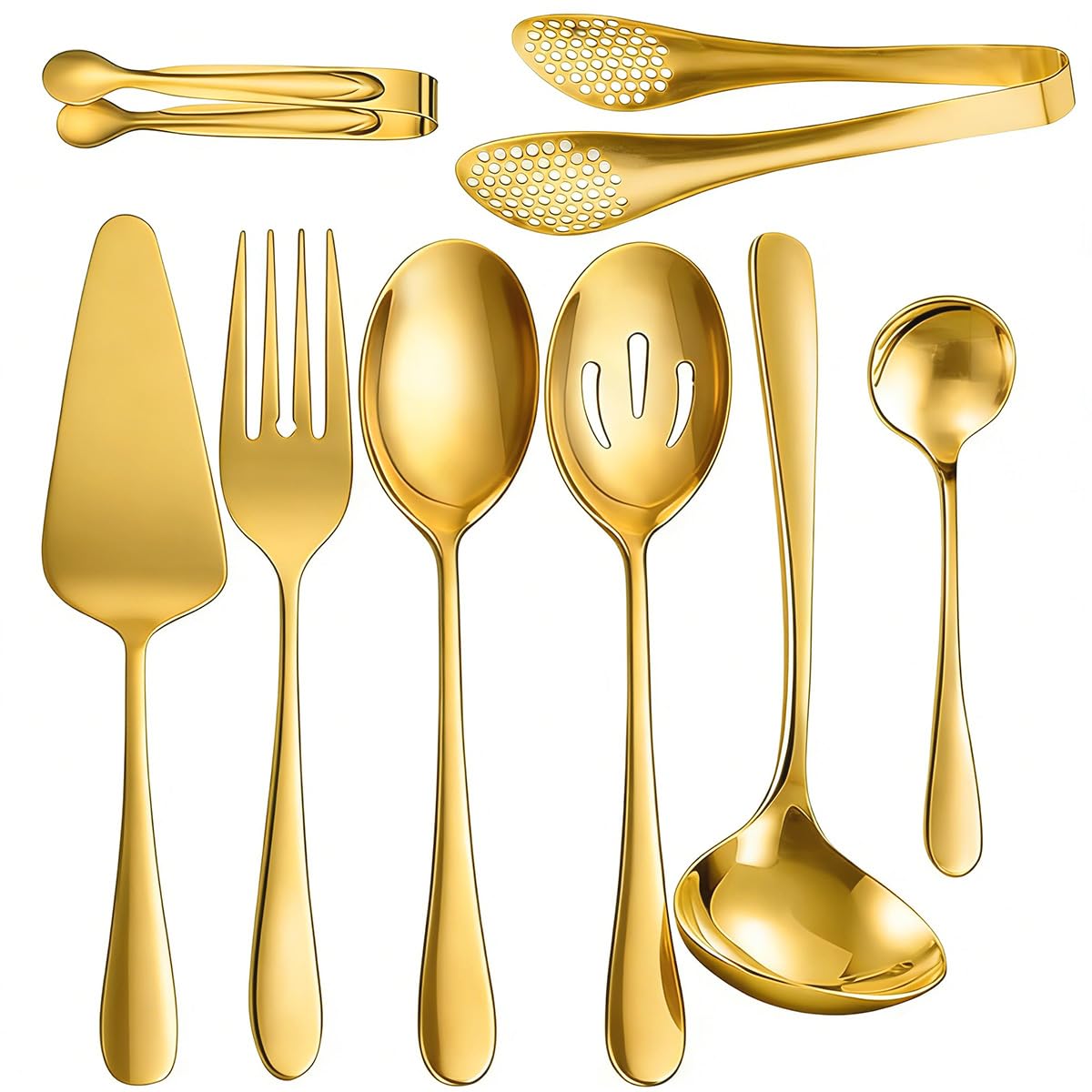 8 PCS Stainless Steel Serving Utensils, Ice Suger Tongs, Large Serving Spoons Slotted Spoons, Cake Server, Forks, Soup Ladle, Metal Utensils Set Tool for Buffet Catering Banquet Party(Gold)
