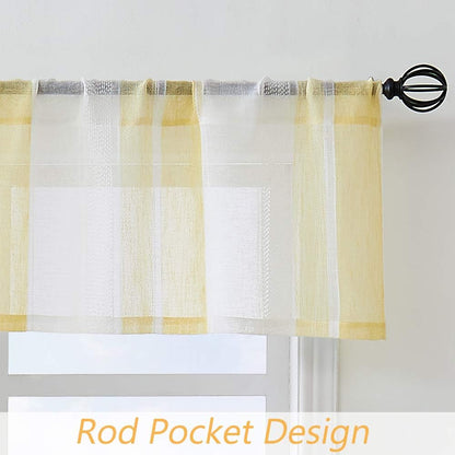 Central Park Yellow and White Kitchen Window Curtain Valance, Stripe Sheer Boucle Linen, 54" W x 15" L