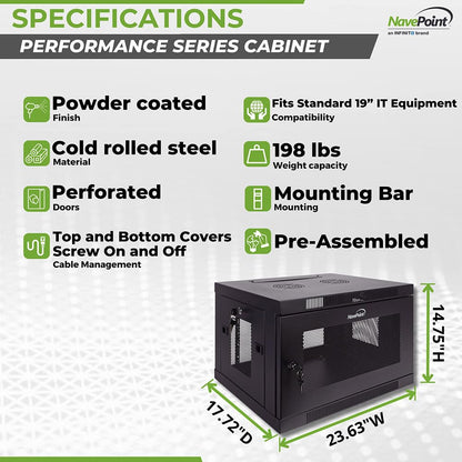 NavePoint 6U Server Cabinet Wall Mount Rack Enclosure with Perforated Door, Locking, Removable Side Panels – 6U Network Cabinet 17.7” Deep, 19 Inch Server Rack for IT and A/V Equipment