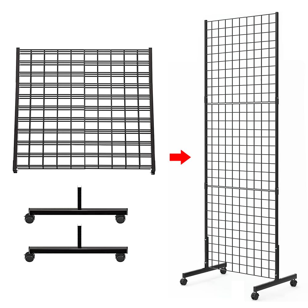 Eastern Tree 2 Packs 2'x 5' Six Pieces Gridwall Panels Stand with T-Base, Black Wire Grid Wall Display Racks with Wheels, Craft Show Display Rack, Retail Display, Extra More 16 Pieces Hooks