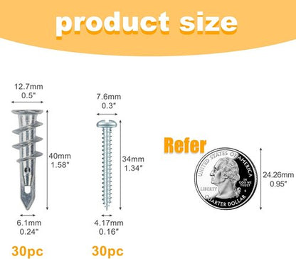 KURUI Zinc Self-Drilling Drywall Anchors Kit - 60PCs Heavy Duty 75LB Capacity | 30 Anchors & Screws