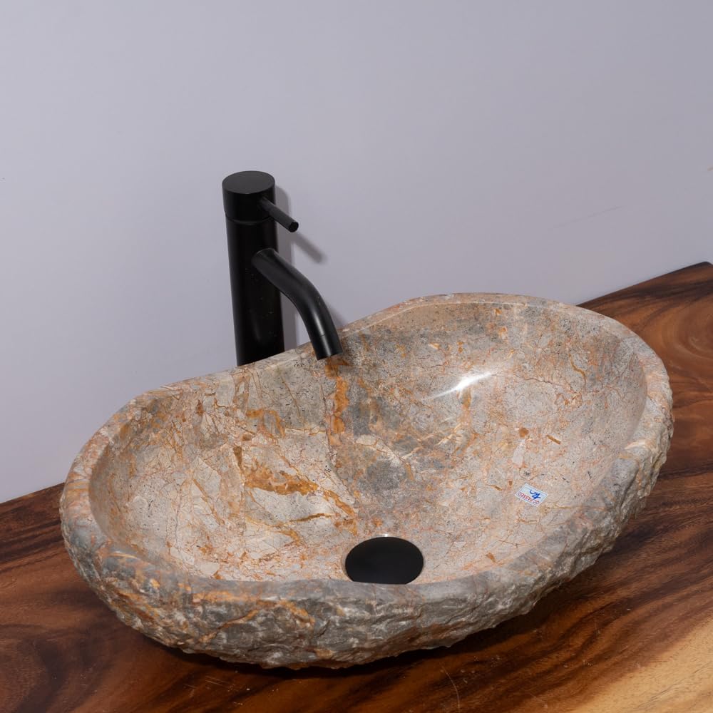 Golden Gray Marble Vessel Sink, Hand-Carved Canoe-Shaped Bathroom Sink in Solid Natural Marble, Beige with Gold & Gray Earth Tone Veins – Modern Rustic Countertop Sink