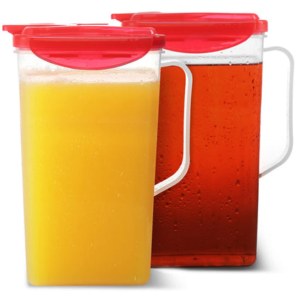 Red 50 Oz. Plastic Pitcher Set of 2 | Fridge Door Jug with Lid | Airtight Iced Tea Container