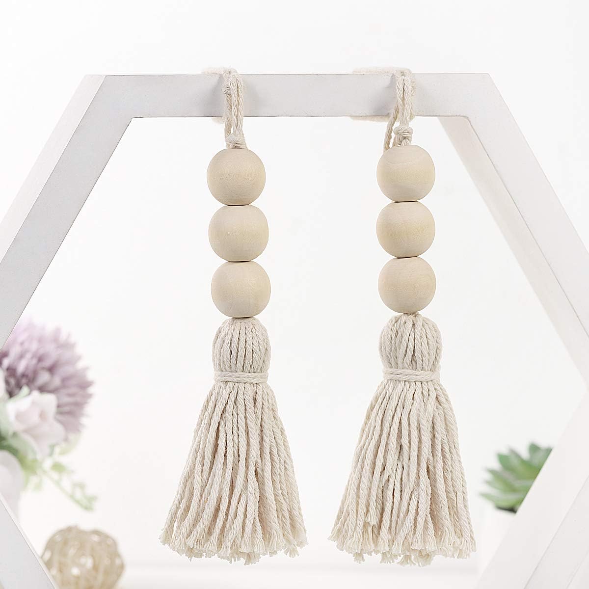 Garneck 4pcs Natural Cotton String Tassel Wood Beads, Handmade Wooden Pendant for Closet Door Handle Decor