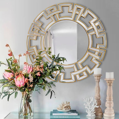 Chende Large Round Mirror, 40'' Modern Living Room Mirrorr with Beveled Glass Edge, Gold Decorative Wall Mirror with Wooden Frame for Dining Room, Entryway, Mantel, Bathroom