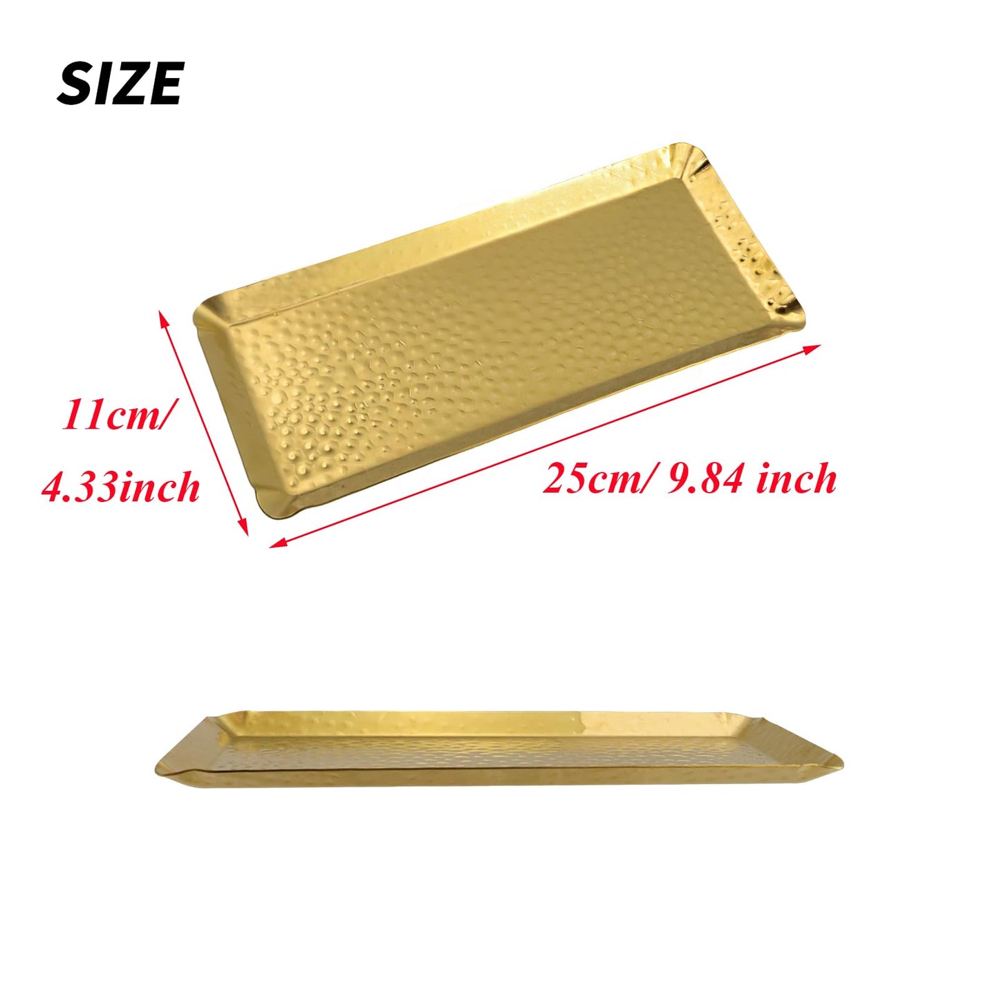 Antrader Hammered Rectangular Platter Serving Tray,Stainless Steel Decorative Storage Tray, Gold (10-Inch by 4-Inch)