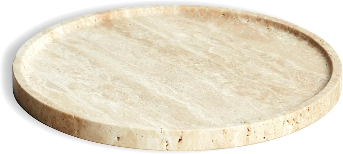 Travertine Marble Vanity Tray, Round Ottoman Tray Minimalist Modern Decorative for Bathroom, Kitchen, Nightstand