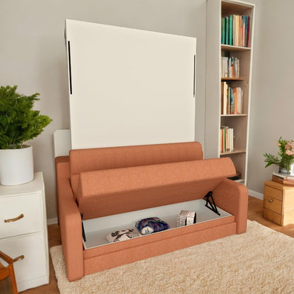 FAVSH Full Size Murphy Bed Cabinet with Loveseat Sofa, White Hidden Beds,Wall Bedframe w/Orange Couch for Bedroom,Space-Saving, Noise Free