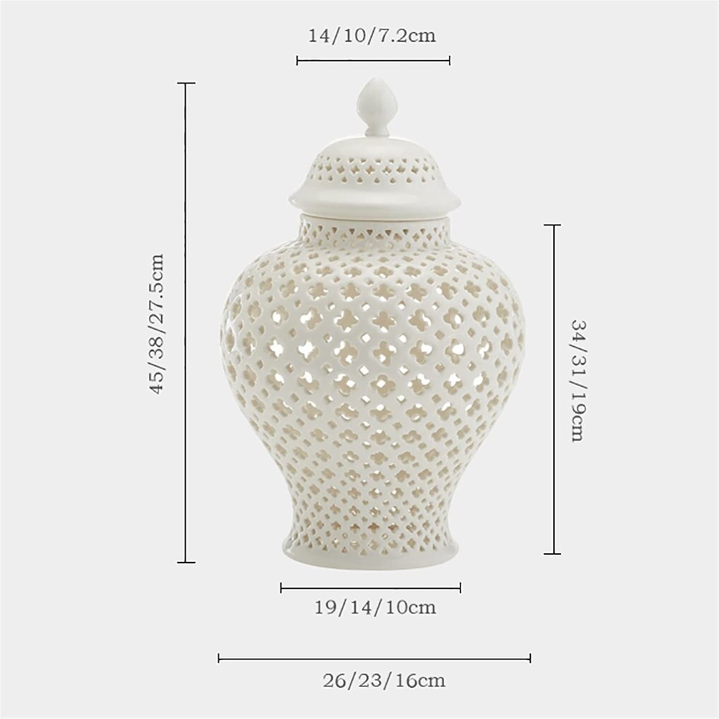 Ginger Decorative Jar with Lid White Porcelain Handcrafted Ceramic Vases for Flowers Traditional Chinese White Carved Lattice Ginger Jar with Lid Decorative Porcelain Vases Temple,White23*38cm