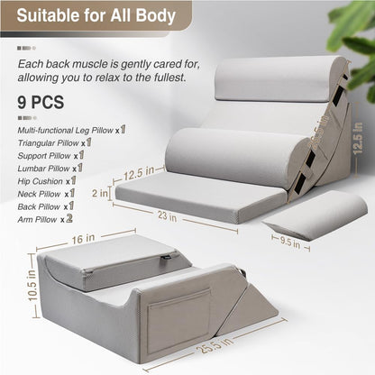 Skiennix 9PCS Orthopedic Bed Wedge Pillow Set - Adjustable Memory Foam for Back & Leg Pain Relief | Ideal for Surgery Recovery & GERD