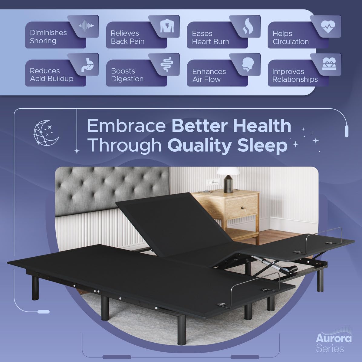 Celestial Sleep Aurora Adjustable Bed Base (Frame Only), Easy Assembly, Head and Foot Lift, Zero Gravity, Memory Positions - Split King