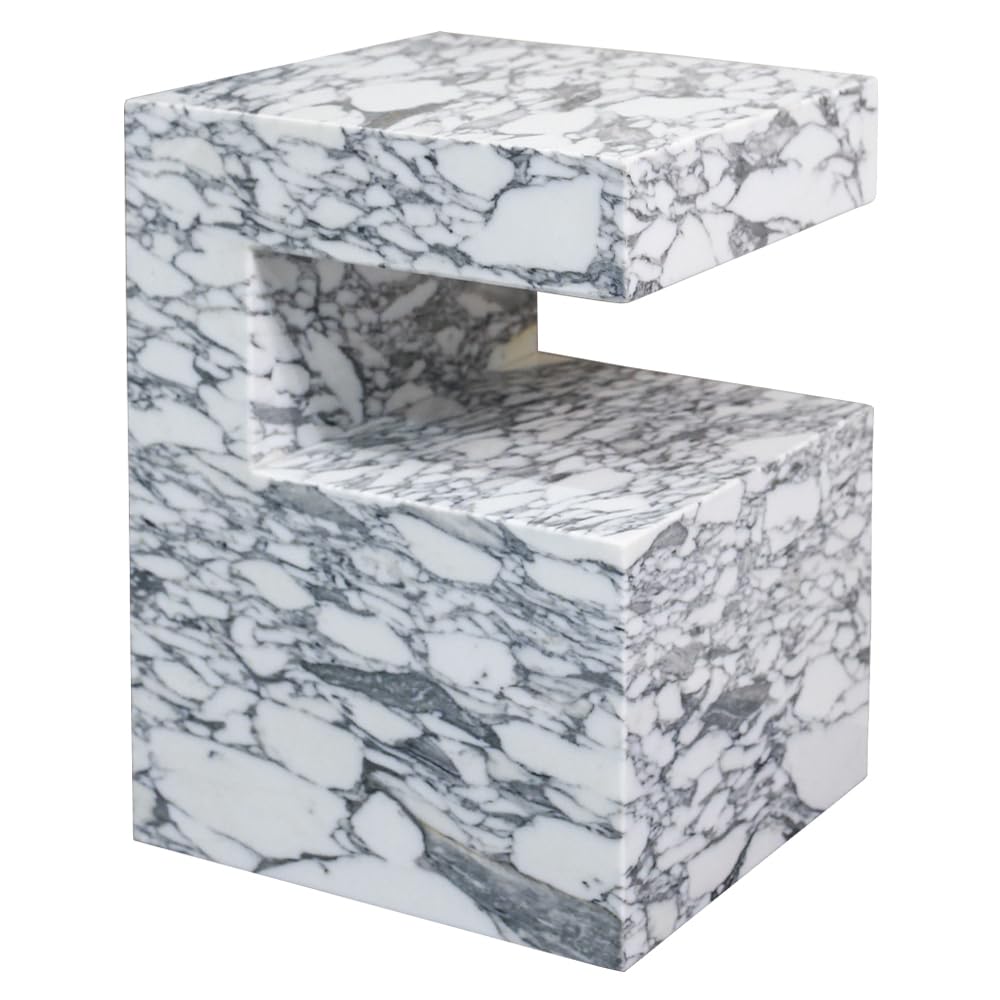 Natural Marble C-Shaped End Table, Luxurious Handmade Coffee Table Suitable for for Living Room Bedroom Bathroom Small Spaces, No Installation Marble Sofa Table for Modern Home Decor