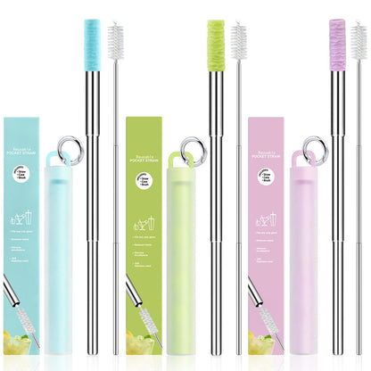 Reusable Straws 3Pack Metal Straw Foldable Portable Drinking Straw Travel Stainless Steel Straws Set with Case and Clean Brush