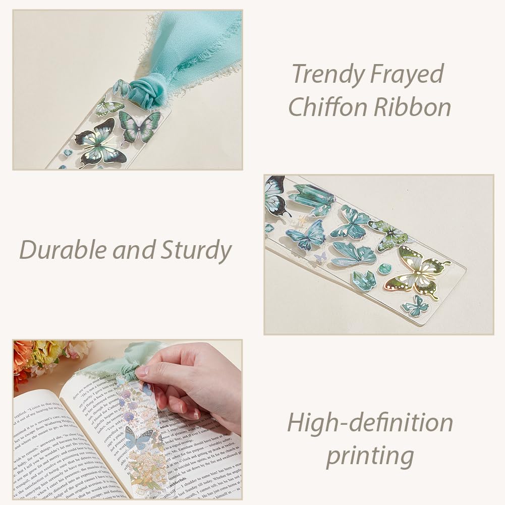 BEAMARKER Bookmark Making Kit 12Pcs Clear Acrylic Bookmark Blanks with 19 Sheets Flower Butterfly Star Theme Stickers 4m Green White Ribbon and 12 Gift Bags for DIY Crafts Green Theme
