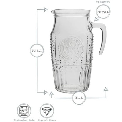 Bormioli Rocco Romantic, Elegant Floral Glass Pitcher, 60.75 oz, Made In Italy.