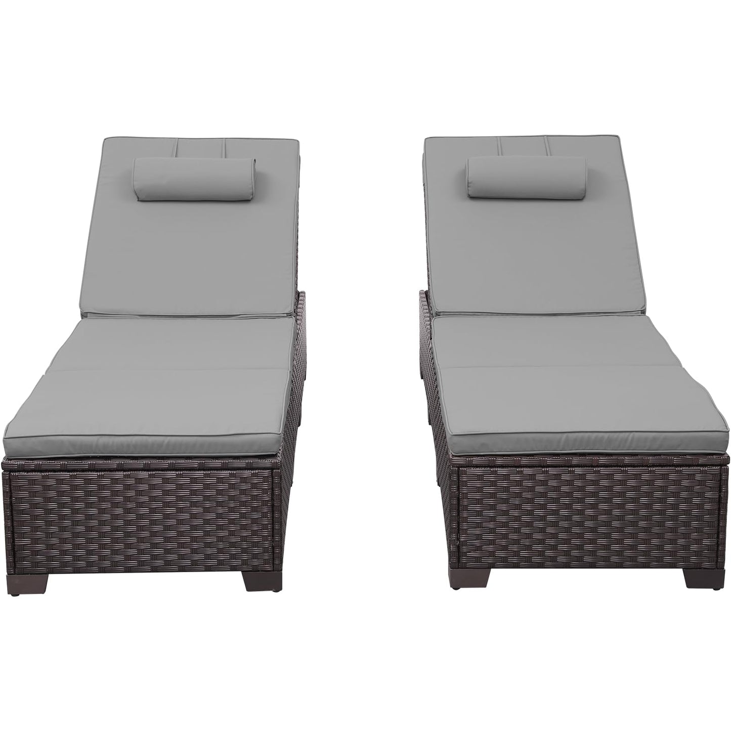 Rattan Star Brown Wicker Patio Chaise Lounge Chairs Set of 2 Outdoor Chaise Lounge Pool Lounge Chairs Poolside Recliner Chairs with Grey Cushions and Headrest
