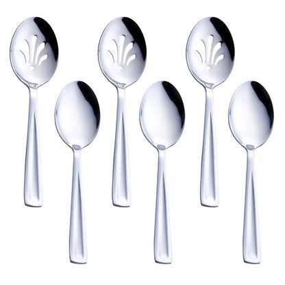 GoGeiLi Stainless Steel Serving Set, 3 Large Spoons and 3 Slotted Spoons, 9.5-inch Catering Set for Party, Banquet, Buffet, Dishwasher Safe