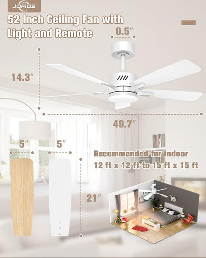 JOFIOS Ceiling Fans with Lights and Remote,52 inch Ceiling Fan with Adjustable Color Temperature,Dimmable 6-speeds Noiseless Revisible DC Motor for Bedroom, Kitchen, Living Room（White）