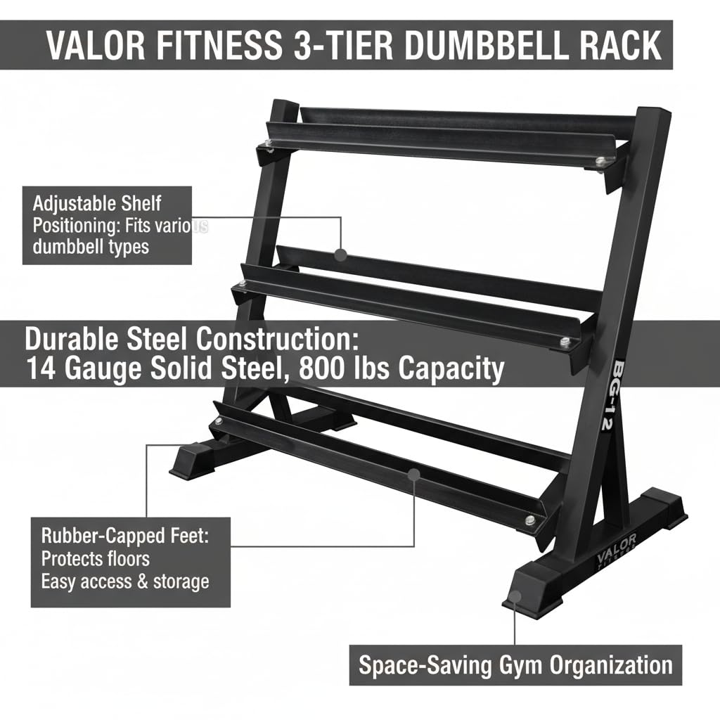 Valor Fitness 3-Tier Dumbbell Rack - Adjustable Weight Organizer Rack for Home Gym Dumbbell Storage Sports Equipment Organizer