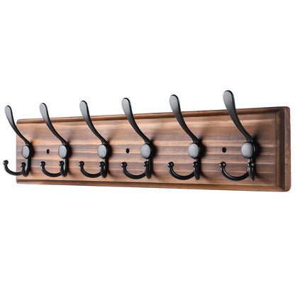 PHINGEER Coat Rack Wall Mount, Wooden Heavy Duty Coat Rack for Wall,6 Triple Coat Hanger Hooks for Hanging Coats,Jacket,Hat,Clothes (Brown, 6 Hooks)