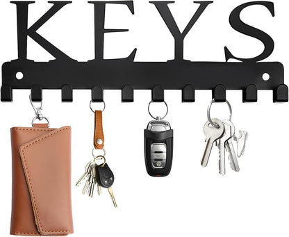Black Key Holder Wall Mount, Decorative Key Rack Organizer with 10 Hooks, Metal Adhesive Keychain Holder