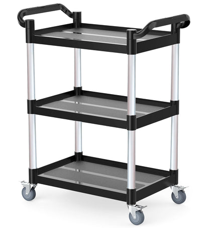 17Tek 3-Tier Rolling Utility Cart with Wheels,4 Lockable Casters, Plastic Service Cart with 510lbs Capacity, Commercial Service Cart on Wheels for Restaurant/Office/Warehouse/Kitchen/School, Black