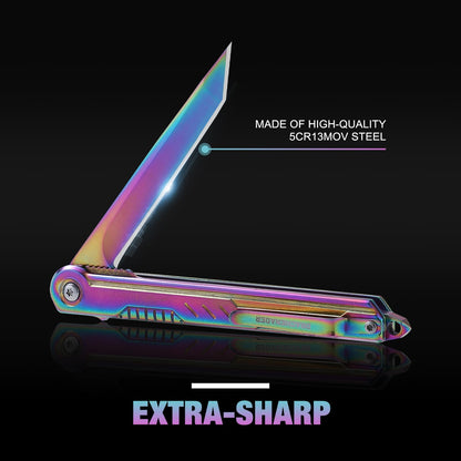 DRACHENADER Tanto Folding Knife for Women and Men, Rainbow Pocket Knife Color Slim Gentleman's Tanto Balde Small EDC Knife for Keychain