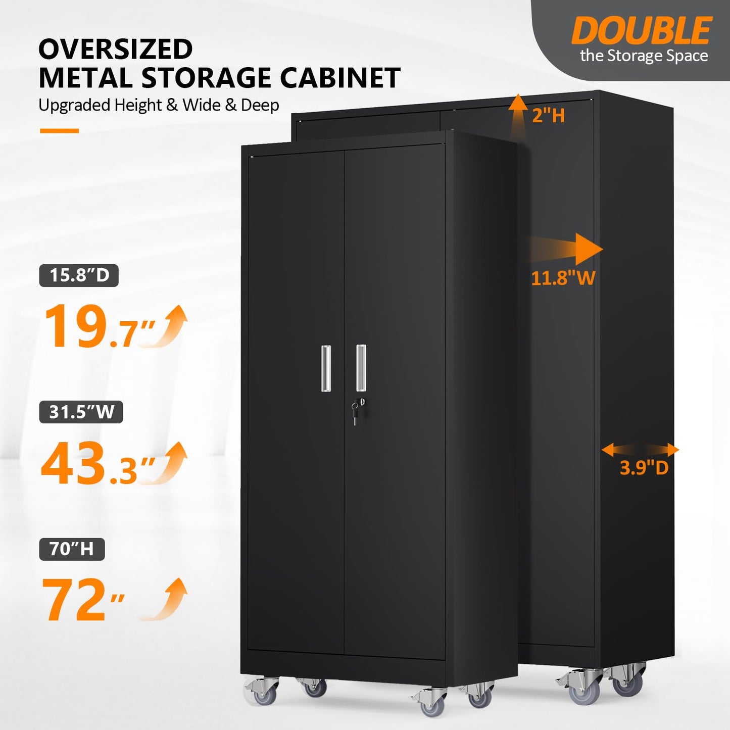 VINGLI Large Metal Storage Cabinet with 2 Doors and 5 Adjustable Shelves, Upgraded Height & Wide & Deep, 43''W x 20''D x 72''H, Oversized Garage Storage Cabinet with Wheels and Locks (Black)