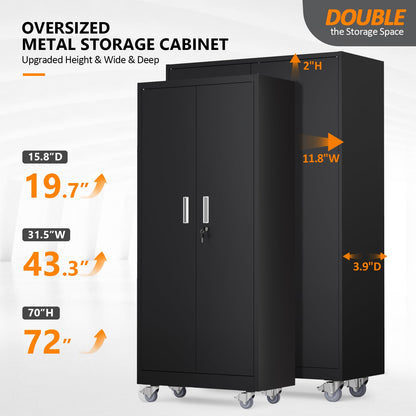 VINGLI Large Metal Storage Cabinet with 2 Doors and 5 Adjustable Shelves, Upgraded Height & Wide & Deep, 43''W x 20''D x 72''H, Oversized Garage Storage Cabinet with Wheels and Locks (Black)