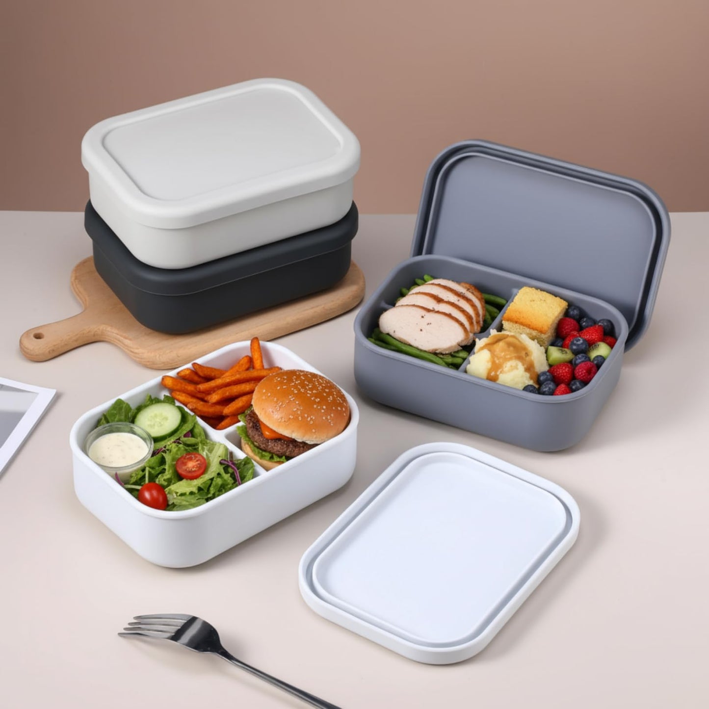 Honeydak 4 Pcs Silicone Bento Box for Adults, 3 Compartment Lunchable Food Container for Women Men, Leak Proof Microwave Dishwasher Freezer Safe (White,Grey,Dark Grey,Black)