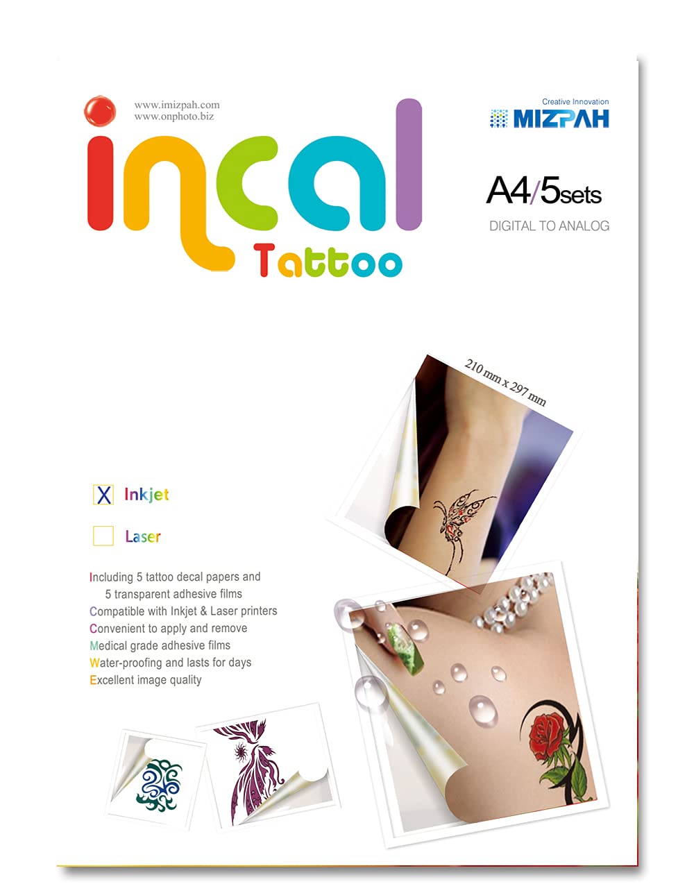 [Incal Tattoo] Inkjet & Laser Printable Waterproof Temporary Tattoo: 5 Sets(8.27 inchx11.7 inch) - Hobby & DIY Personalized Tattoo on your body (Inkjet Printer)