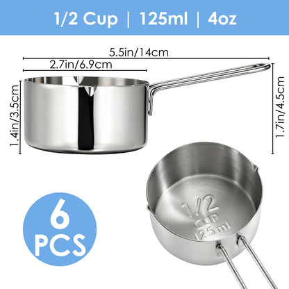 YOUEON 6 Pcs 1/2 Cup (125ml) Stainless Steel Measuring Scoops, Metal Measuring Cups with Handle for Dog Food, Coffee, Baking, Cooking, Dishwasher Safe