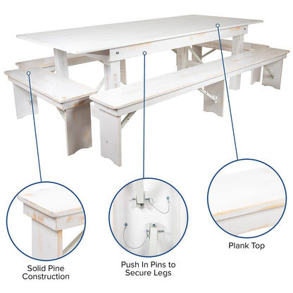 Flash Furniture HERCULES Series 9' x 40" Antique Rustic White Folding Farm Table and Four Bench Set